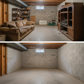 Before and After: A cluttered basement completely cleared of junk and furniture, revealing an empty, clean space.