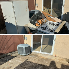 Before and After: A pile of construction debris and junk outside a home is completely removed, revealing a clean patio area.