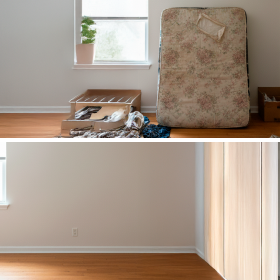 A pile of junk and clutter on the floor of a room before a professional cleanout.
