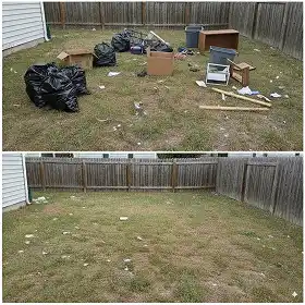 A two-panel, before-and-after image showcasing a backyard cleanup.
