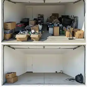 A two-panel, before-and-after image of a garage cleanout, as seen from the driveway.