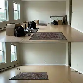 A two-panel, before-and-after image of a room cleanout after moving, as seen from inside the room.