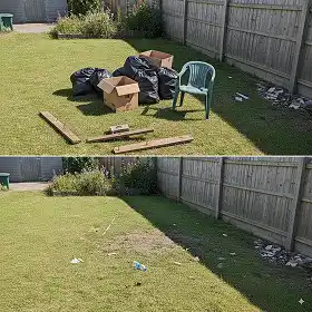 A two-panel, before-and-after image of a yard cleanup.