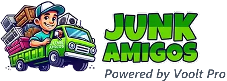 Junk Amigos Charlotte: logo of Junk removal expert driving truck full of household items.