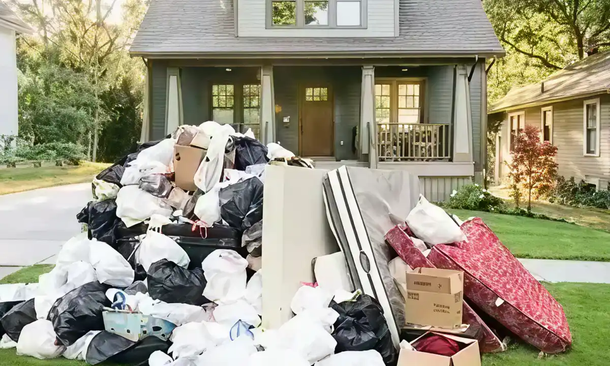 Pile of household junk on the lawn awaiting removal.