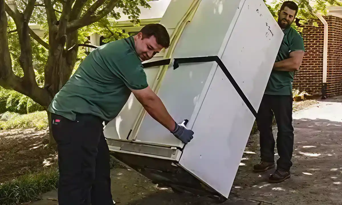 Two employees of JunkDunk loading an appliance during a junk removal service.