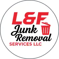 L&F Junk Removal Junk Removal logo featuring the company name in red and black text with a red trash can icon.