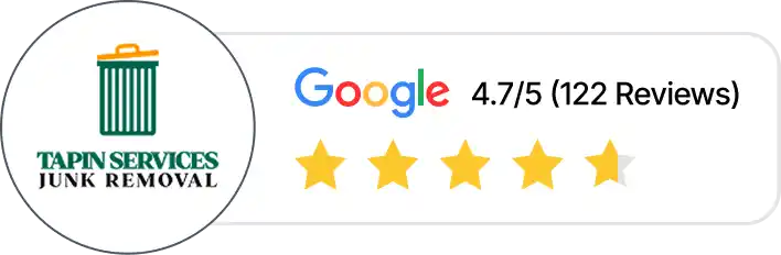 Tapin Services Junk Removal Google reviews, showing a rating of 4.7 out of 5 stars from 122 reviews.