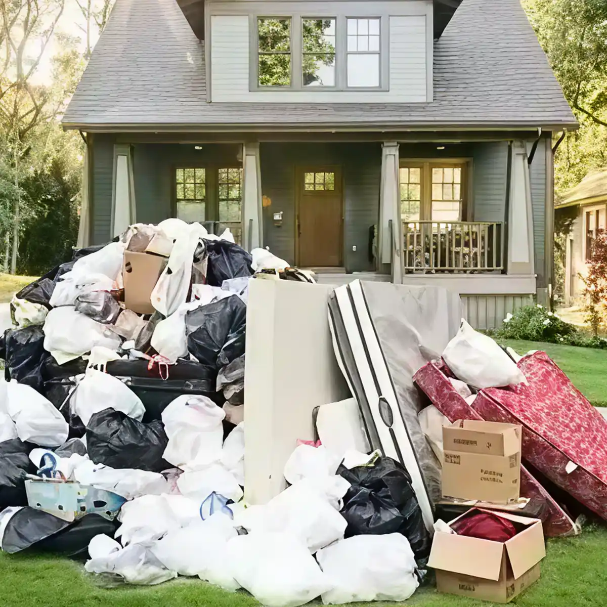Pile of household junk on the lawn awaiting removal.
