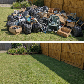 A two-panel, before-and-after image of a backyard junk removal and fence restoration.
