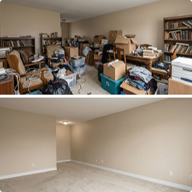A two-panel, before-and-after image of an estate cleanout where a room filled with furniture, boxes, and books is completely emptied and vacuumed.