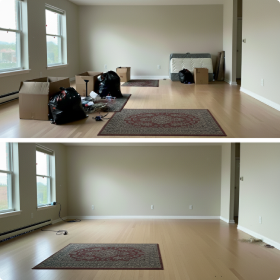 A two-panel, before-and-after image of an indoor apartment or room cleanout.