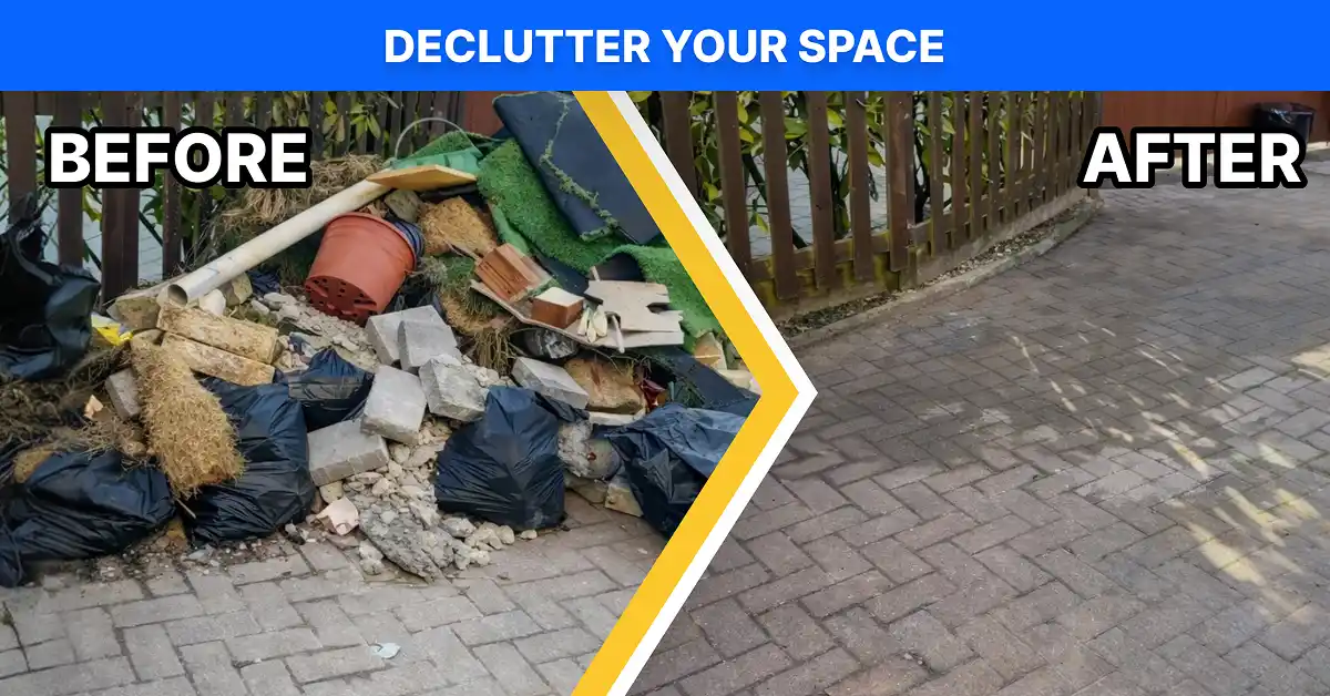 Before and after junk removal showing a pile of mixed debris, trash bags, and yard waste cleared into a clean paved driveway.