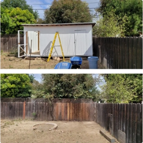 A two-panel, before-and-after image of a backyard shed demolition, as seen from the backyard.