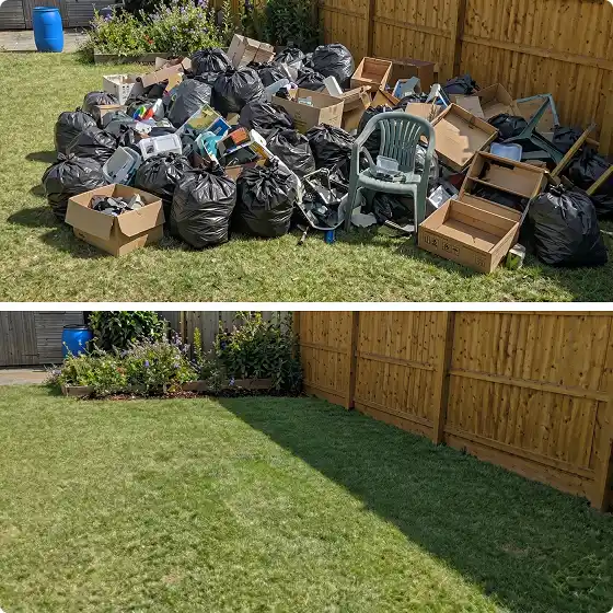 A two-panel, before-and-after image of a backyard junk removal and fence restoration.