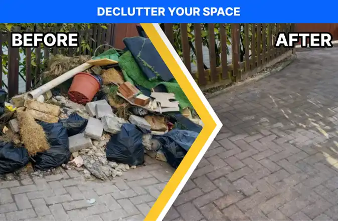 Before and after junk removal showing a pile of mixed debris, trash bags, and yard waste cleared into a clean paved driveway.