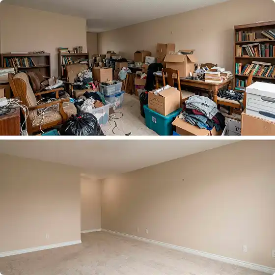 A two-panel, before-and-after image of an estate cleanout where a room filled with furniture, boxes, and books is completely emptied and vacuumed.