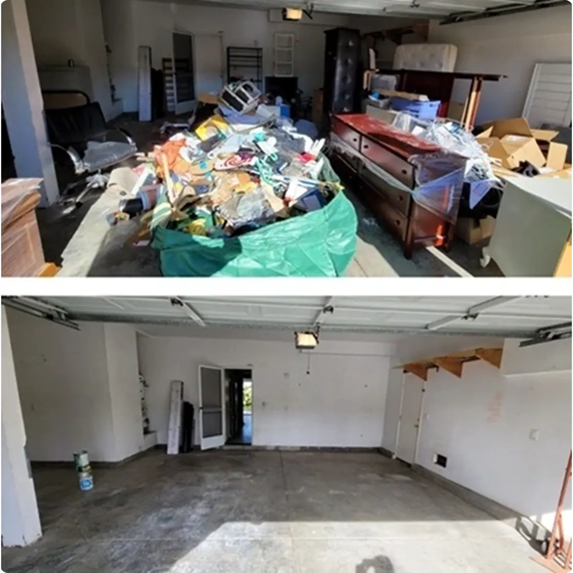 A two-panel, before-and-after image of an garage commercial space cleanout.