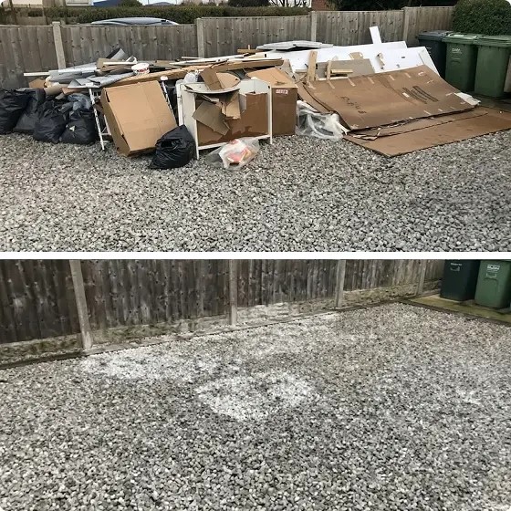 A two-panel, before-and-after image of a gravel driveway junk removal featuring the disposal of cardboard boxes, bin bags, and construction debris.