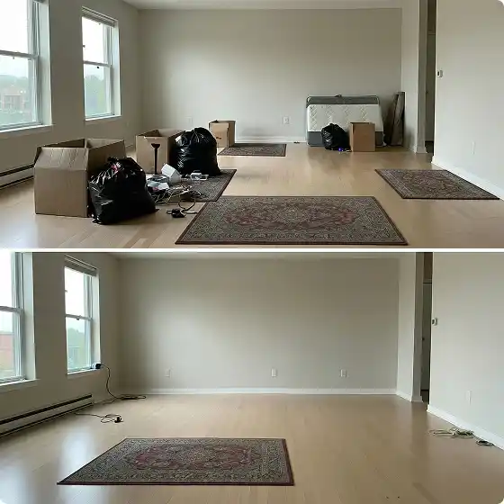 A two-panel, before-and-after image of an indoor apartment or room cleanout.