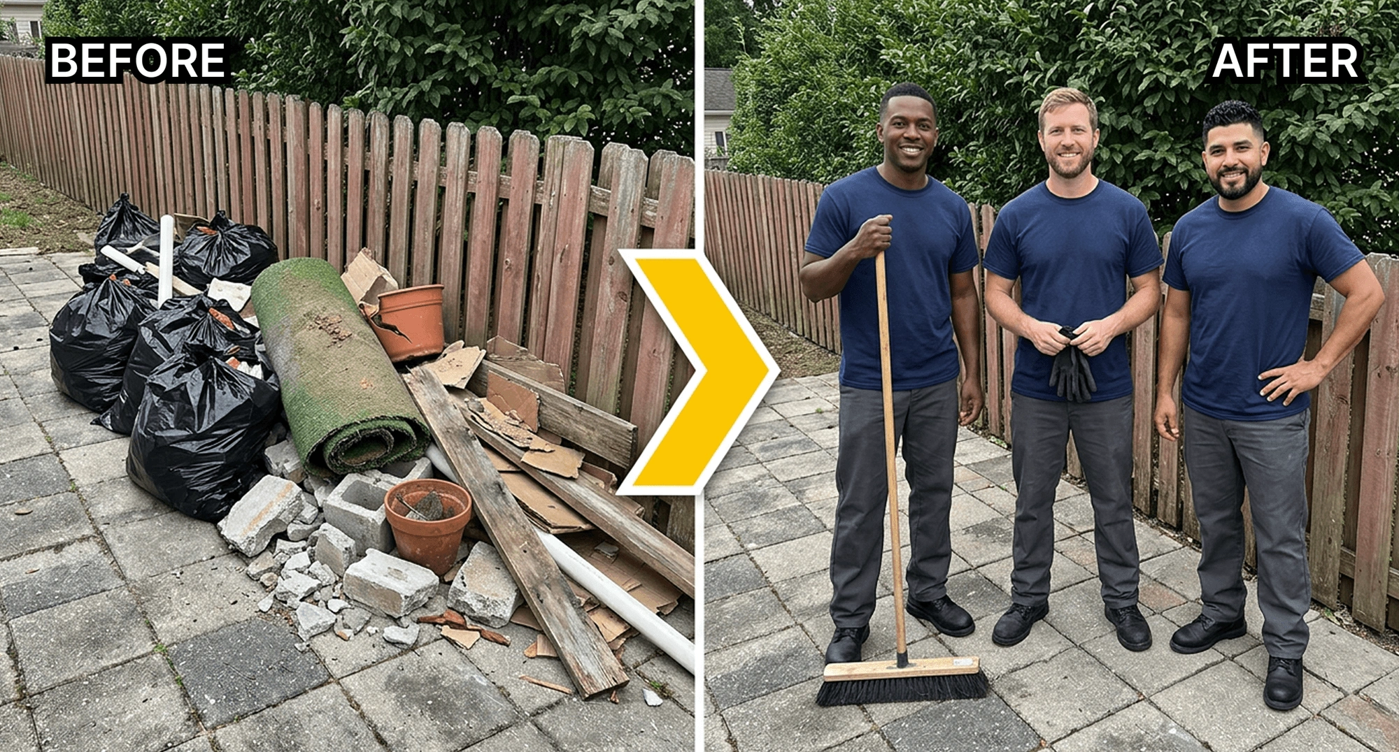 Before and after junk removal showing a pile of trash bags, concrete blocks, and a rolled rug cleared into a clean paved patio.