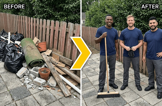 Before and after junk removal showing a pile of trash bags, concrete blocks, and a rolled rug cleared into a clean paved patio.