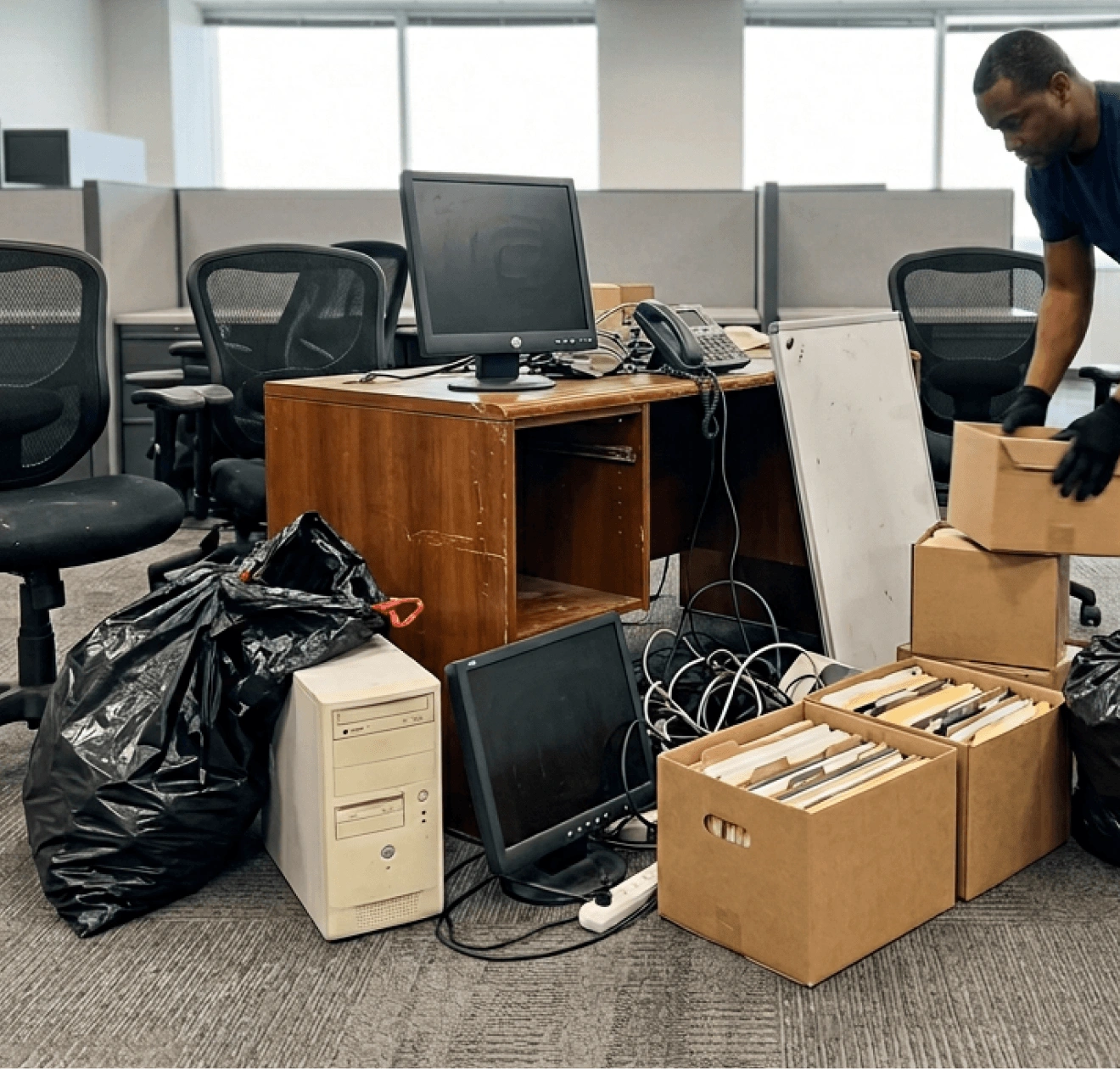 Office cleanout and junk removal showing a professional mover clearing a wooden desk, old computer monitors, towers, and cardboard boxes of files from a commercial office space.