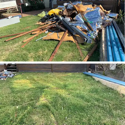 Before and after of a backyard cleanup, showing a large pile of construction debris and scrap metal removed to reveal a clean green lawn.
