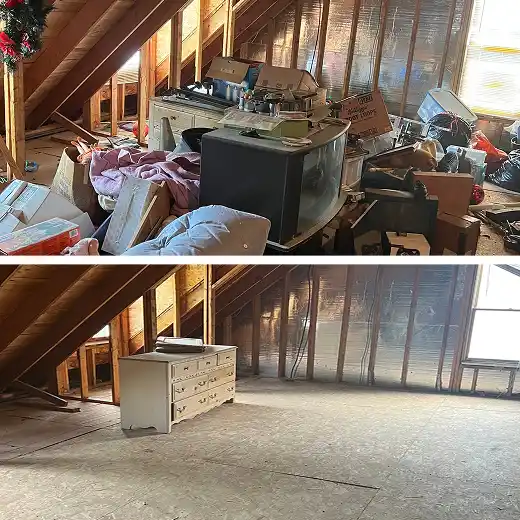 Before and after photo of an attic cleanout, showing the cluttered space cleared of all junk and debris.
