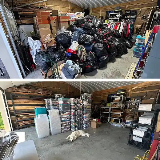 Before and after comparison of a garage cleanout, transforming a cluttered space into a neatly organized area with stacked bins.