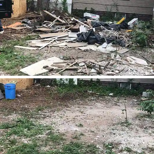  Before and after view of a yard cleanup, with a large pile of junk and debris removed to reveal a clear space.