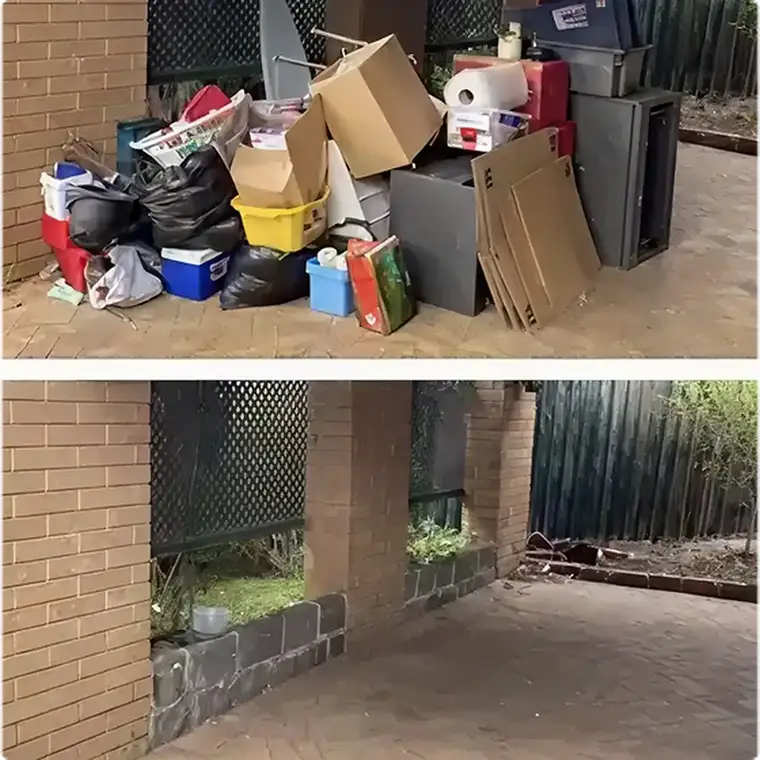 Before and After: JunkDunk clears cluttered patio space to a clean and inviting area.