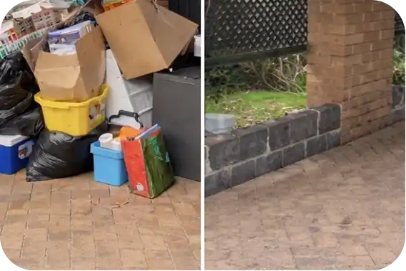 A wide-angle split-view comparison of an outdoor brick patio before and after a professional junk removal service, showing a large pile of discarded boxes, bins, and black trash bags in the top frame, and a completely cleared, clean paved area along a brick pillar fence in the bottom frame.
