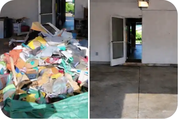 A wide-angle split-view comparison of a residential garage before and after a professional junk removal service, showing a space overflowing with furniture and debris in the top frame and a completely cleared, clean interior in the bottom frame.