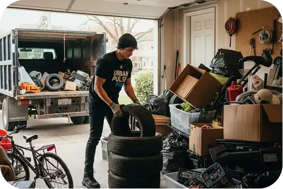 A wide-angle view of a professional junk removal specialist in a black "Urban Pulse" t-shirt and beanie working in a cluttered garage, featuring the worker stacking old tires near a large pile of boxes and debris while a loaded dump truck waits in the driveway.