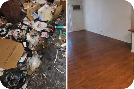 A wide-angle split-view comparison of a residential interior before and after a professional cleanout service, showing a living area and kitchen buried under heavy clutter and debris in the top frame, and the same space completely cleared, vacuumed, and restored in the bottom frame.