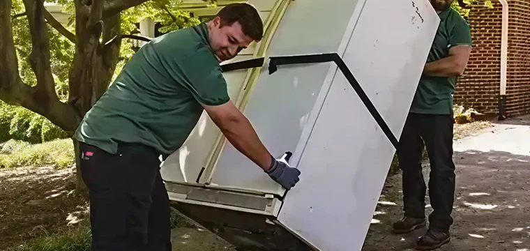 Two employees of JunkDunk loading an appliance during a junk removal service.